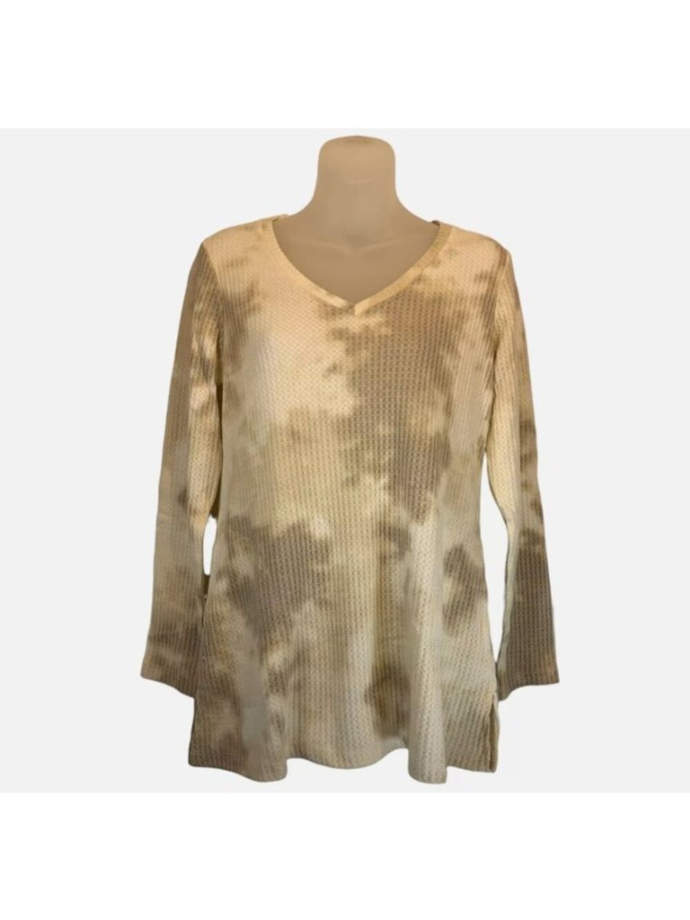 Susan Graver Regular Tunic XS Weekend Printed Brushed Waffle Knit Sand NEW